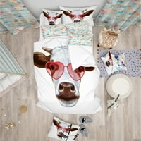 DesignArt 'Krava s naočalama crvenih srca' Modern i suvremeni set pokrivača