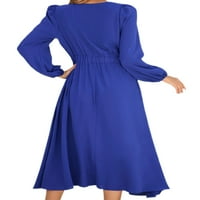 Ženska seksi Midi haljina od tunike s mašnom sprijeda jednobojna haljina jesenska haljina s okruglim vratom plava
