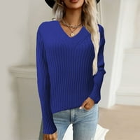 MVeomtd ženske duge rukave lagane v vratne džemper pleteni džemper vrhovi Čvrsta dukserica plava