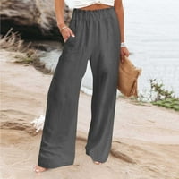 Ženske pamučne lanene hlače, široke rastezljive hlače visokog struka, široke hlače s džepovima, obične Ležerne