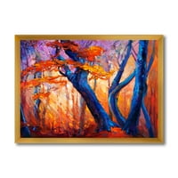 DesignArt 'Sažetak plavih silueta drveća u narančastoj jeseni šuma' Farmhouse uokvireni umjetnički tisak