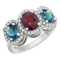 10K bijelo zlato prirodni HQ Ruby & London Blue Topaz 3-kamen prstena ovalni dijamantni naglasak, veličina 9.5