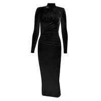 Cethrio Summer Maxi haljina za žene- čvrsta haljina s dugim rukavima s visokim ovratnikom ležerna zabava crna