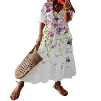 Ženska duga haljina s cvjetnim printom, maksi haljine s kratkim rukavima, ljetna haljina na plaži, kaftan s dekolteom