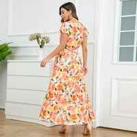 Sundress za žene V-izrez cvjetni tiskana haljina za omot za plažu kravate, ruffle kratka rukava srednje dužine