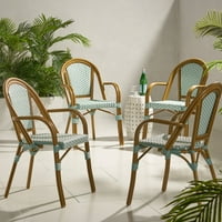 Cecil aluminij i pleteni vanjski francuski bistro stolice, set od 4, lagana teal, bijeli i drveni tisak