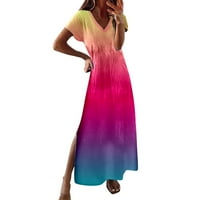 Ženska ležerna jednostavna haljina s izrezom u obliku slova U i kratkim rukavima, duga haljina s višebojnim gradijentnim