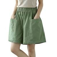 Ženske Ležerne bermudske kratke hlače s elastičnim strukom, pamučne lanene kratke hlače s džepovima do koljena