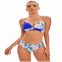 Ženski bikini kupaći kostim s cvjetnim printom s čipkastim dekolteom u obliku slova u, dva kupaća kostima, plava-2,