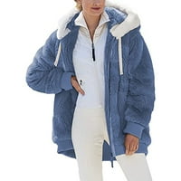 Ženski kardigan - Plus Zimska topla široka Plišana jakna s patentnim zatvaračem S kapuljačom, kaputom u plavoj
