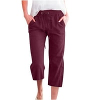 danas nudi Pamučne lanene Capri hlače za žene s vezicama i džepovima u struku, široke hlače, jednobojne prozračne