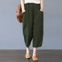 Ženske jednobojne široke pamučne i lanene Ležerne hlače s džepovima visokog struka, ženske Ležerne hlače zelene