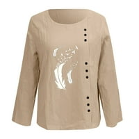 Žene maslačka print posada Košulja za vrat dugi rukavi pamučna lanena majica jesen jesen labav fit casual vrh