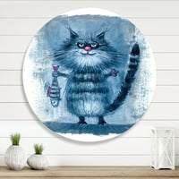 Dizajnerska umjetnost stojeća mačka koja drži ribu u kandžama morski i obalni krug na metalnom zidu-disk od 11