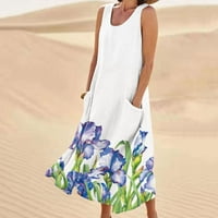 Ženska ljetna haljina s printom, Bez rukava, okruglog vrata, džepovi, ležerni Maksi sundress na plaži