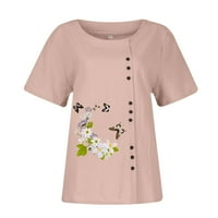 Ženski modni široki pamučni laneni gornji dio s kratkim rukavima s temperamentnim printom, ružičasti;