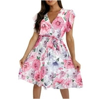 Ljetne haljine za čišćenje za žene za žene tiskanje kratkih rukava cvjetni uzorak haljina V-izreck maxi maxi labavi