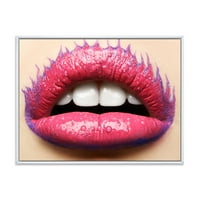 DesignArt 'Lijepe žene usne s ružičastim ružem' Moderni uokvireni platno zidni umjetnički print