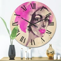 DesignArt 'Afro American Pink Woman Fashion Portret' Moderni drveni zidni sat